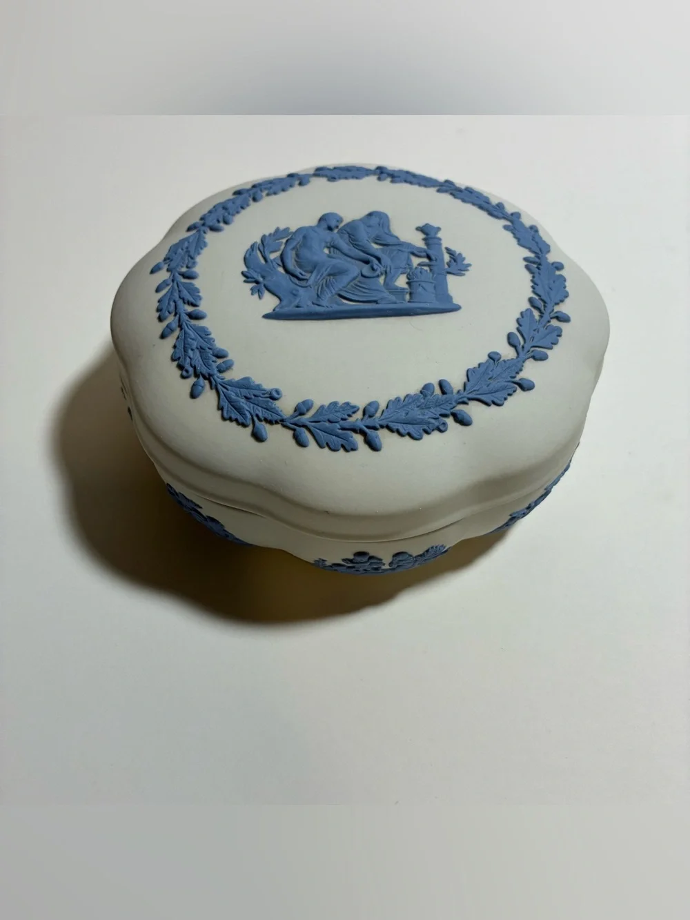 Vintage Wedgwood White & Blue Reverse Jasperware Scalloped Lidded Trinket Box